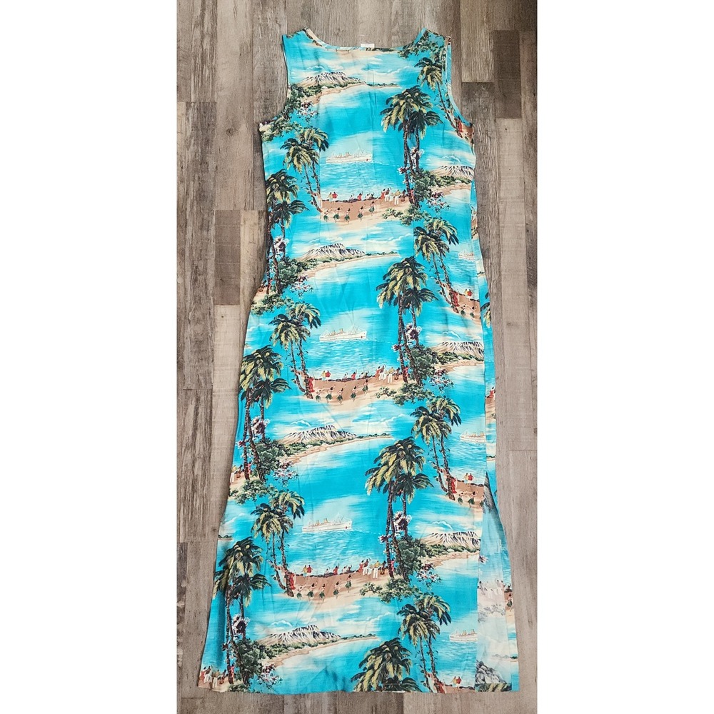 Karen Kane Maxi Dress Womens Medium Blue Tropical Hawaiian Beach Scene Rayon - Picture 7 of 7
